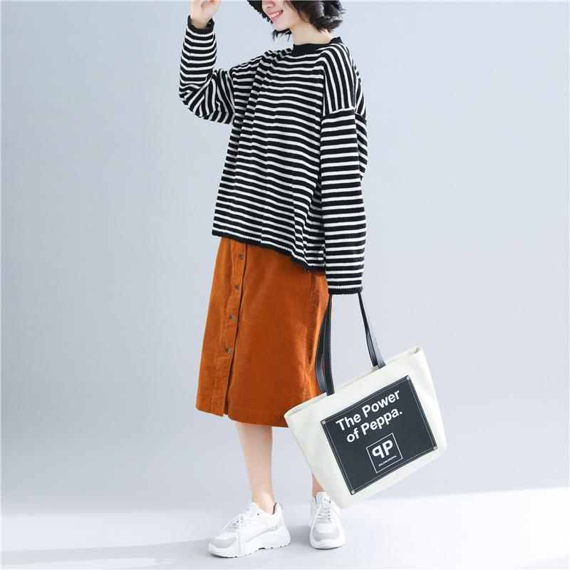 Winter black striped knitted outwear oversized knit baggy sweaters - Omychic