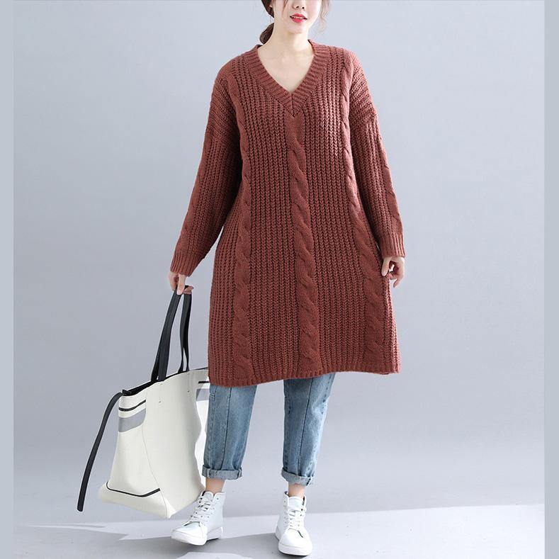 Winter brown Sweater dress outfit  plus size Fuzzy v neck thick  knitwear dress - Omychic