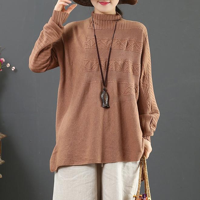 Winter brown box top winter casual high neck knit sweat tops - Omychic