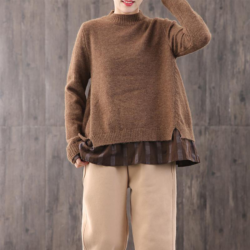 Winter brown knitted t shirt oversize o neck knit tops false two pieces - Omychic