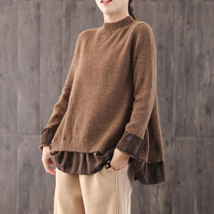 Winter brown knitted t shirt oversize o neck knit tops false two pieces - Omychic