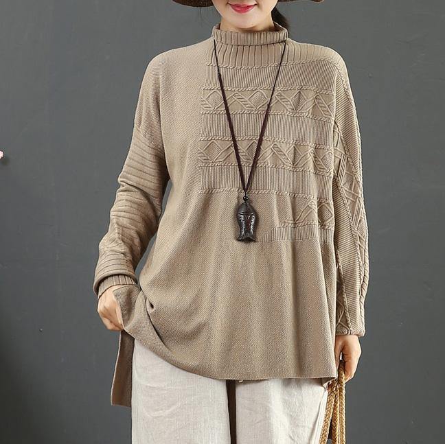Winter khaki Sweater Blouse low high design plus size high neck knitted blouse - Omychic