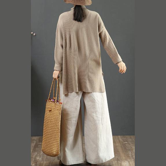 Winter khaki Sweater Blouse low high design plus size high neck knitted blouse - Omychic