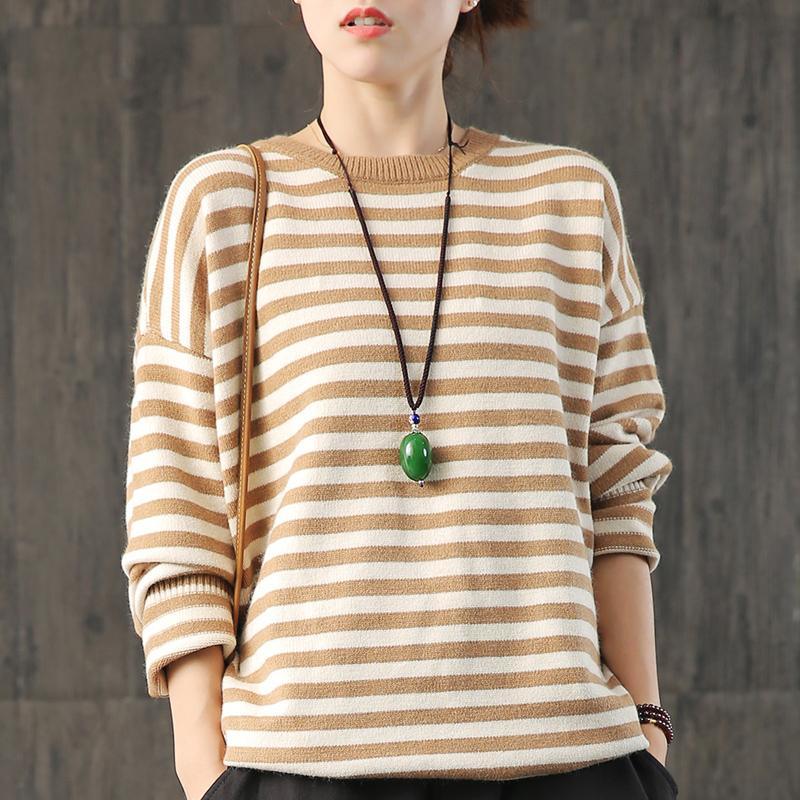 Winter khaki striped top fall fashion knitwear o neck - Omychic