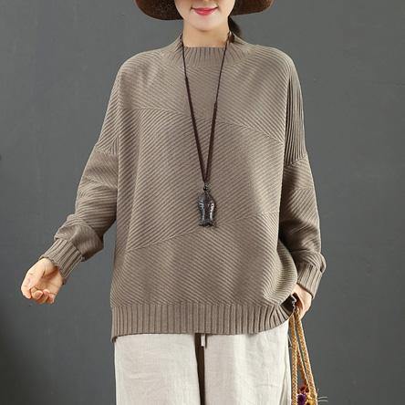 Winter light brown Sweater Blouse side open oversize half high neck knit sweat tops - Omychic