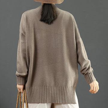 Winter light brown Sweater Blouse side open oversize half high neck knit sweat tops - Omychic