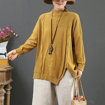 Winter light brown box top side open plus size half high neck knit tops - Omychic