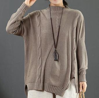 Winter light brown box top side open plus size half high neck knit tops - Omychic