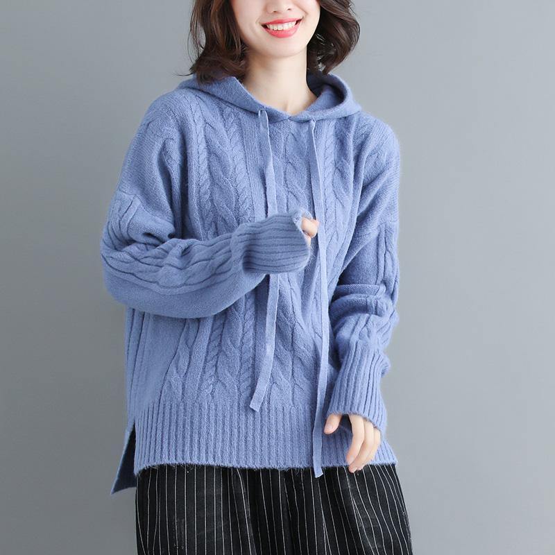 Winter side open knit blouse plus size hooded knitwear blue - Omychic