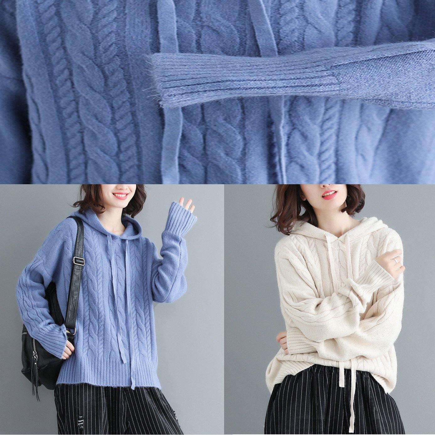 Winter side open knit blouse plus size hooded knitwear blue - Omychic