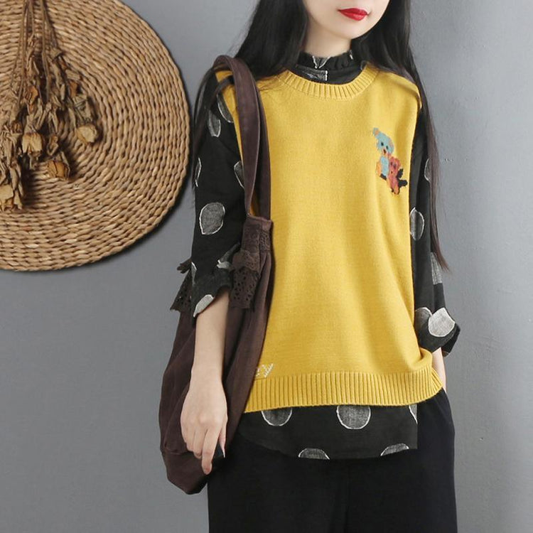 Winter yellow knit blouse Loose o neck knitted blouse sleeveless - Omychic