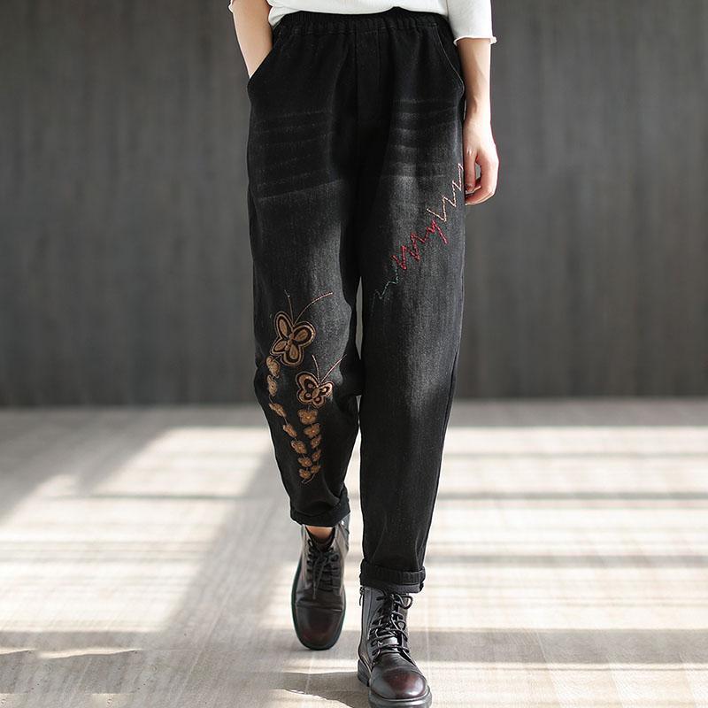 Casual Butterflies Embroidered Jeans Elastic Waist Pants - Omychic