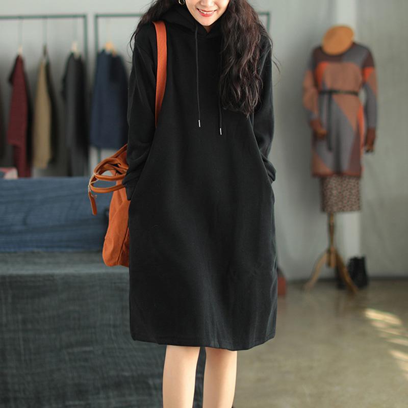 Spring Plus Plush Thick Hooded Drawstring  Dress - Omychic