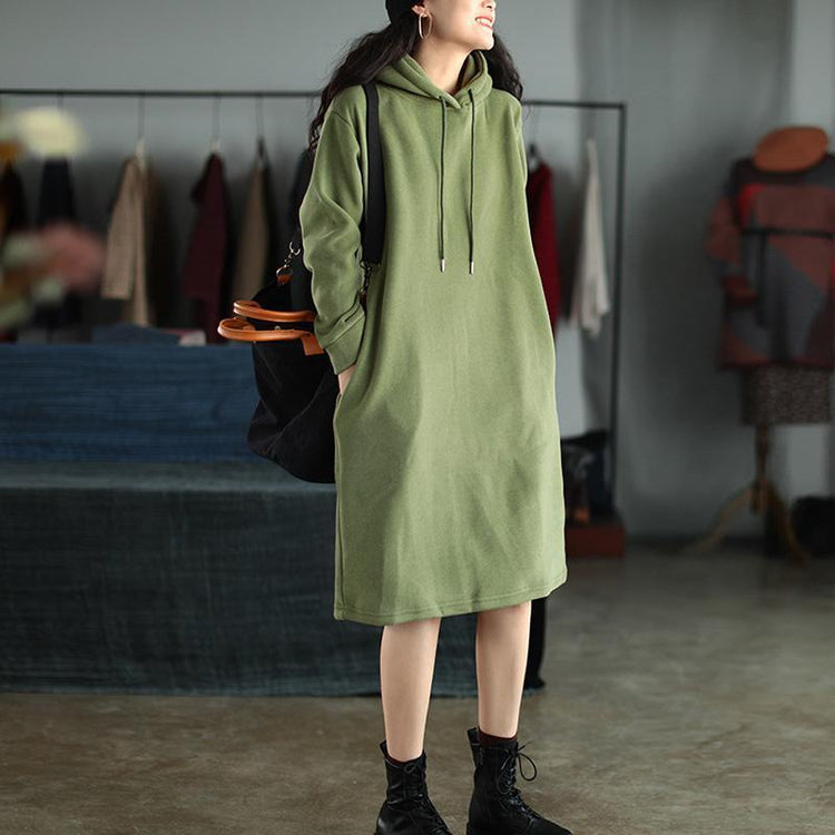 Spring Plus Plush Thick Hooded Drawstring  Dress - Omychic