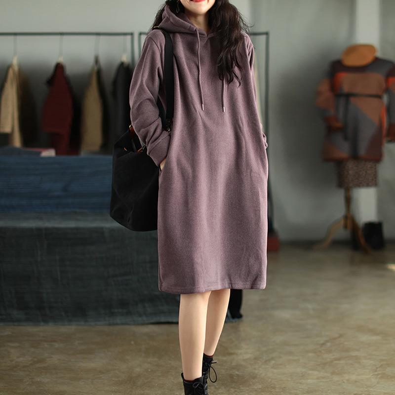 Spring Plus Plush Thick Hooded Drawstring  Dress - Omychic