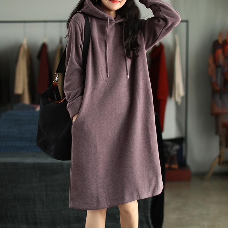 Spring Plus Plush Thick Hooded Drawstring  Dress - Omychic