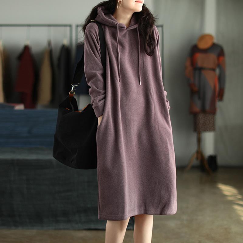 Spring Plus Plush Thick Hooded Drawstring  Dress - Omychic