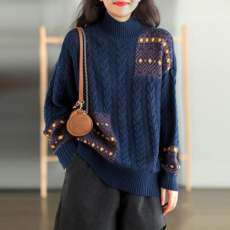 Retro Knitted Stitching Warm Knit Top Sweater - Omychic