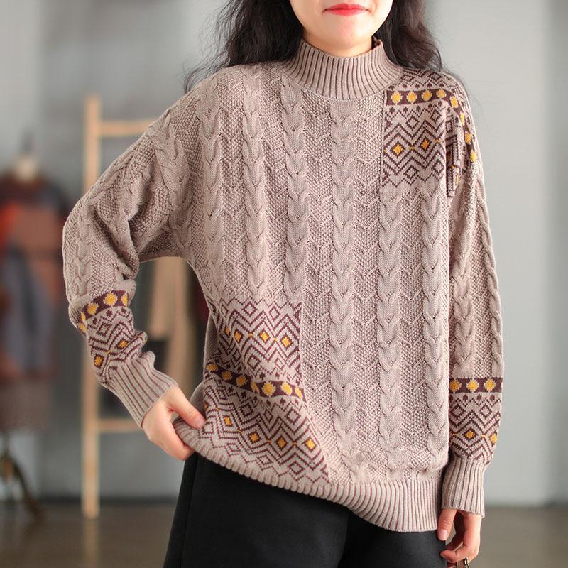 Retro Knitted Stitching Warm Knit Top Sweater - Omychic