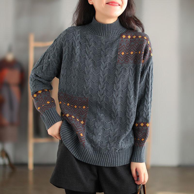 Retro Knitted Stitching Warm Knit Top Sweater - Omychic