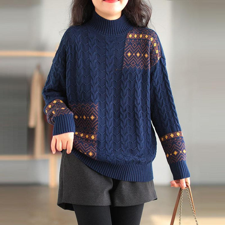 Retro Knitted Stitching Warm Knit Top Sweater - Omychic