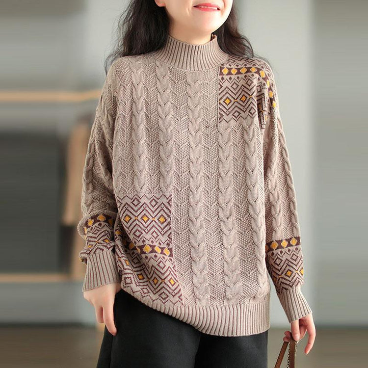 Retro Knitted Stitching Warm Knit Top Sweater - Omychic