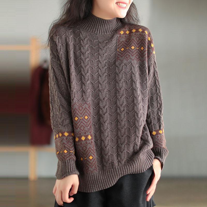 Retro Knitted Stitching Warm Knit Top Sweater - Omychic