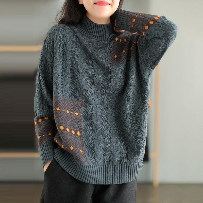 Retro Knitted Stitching Warm Knit Top Sweater - Omychic