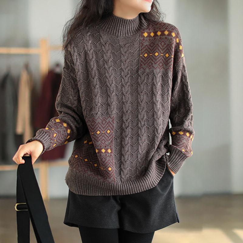 Retro Knitted Stitching Warm Knit Top Sweater - Omychic