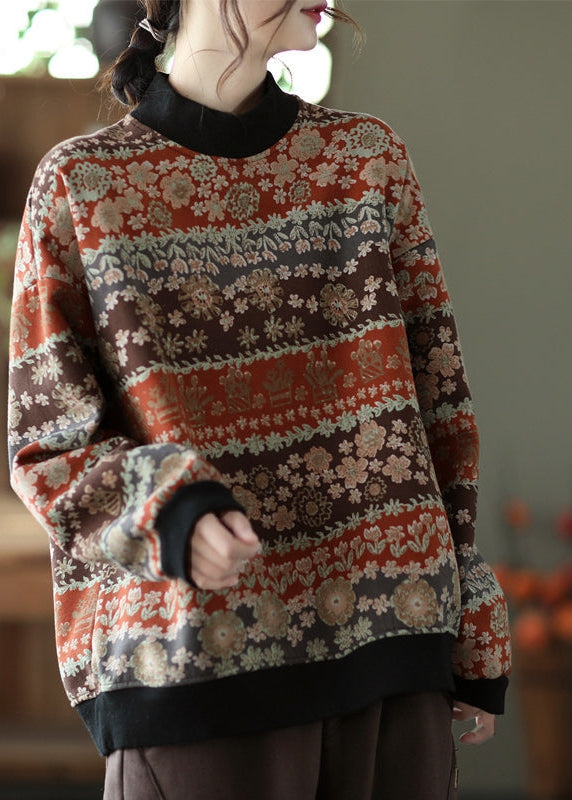 Winter Retro Cotton Printed Floral with Velvet Sweatshirt