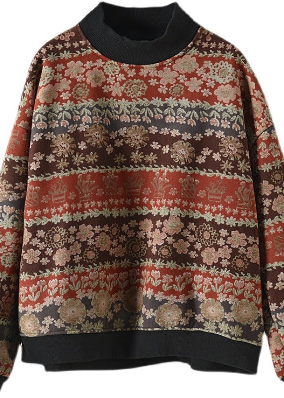 Winter Retro Cotton Printed Floral with Velvet Sweatshirt
