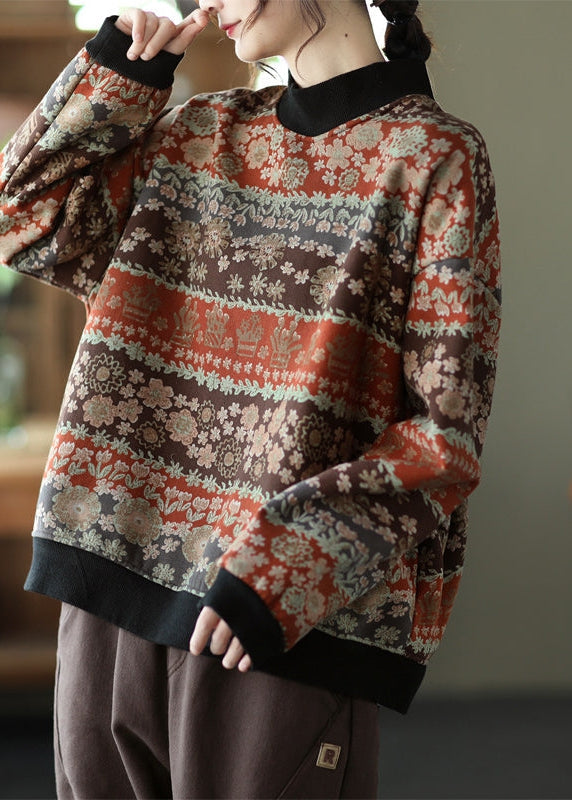 Winter Retro Cotton Printed Floral with Velvet Sweatshirt