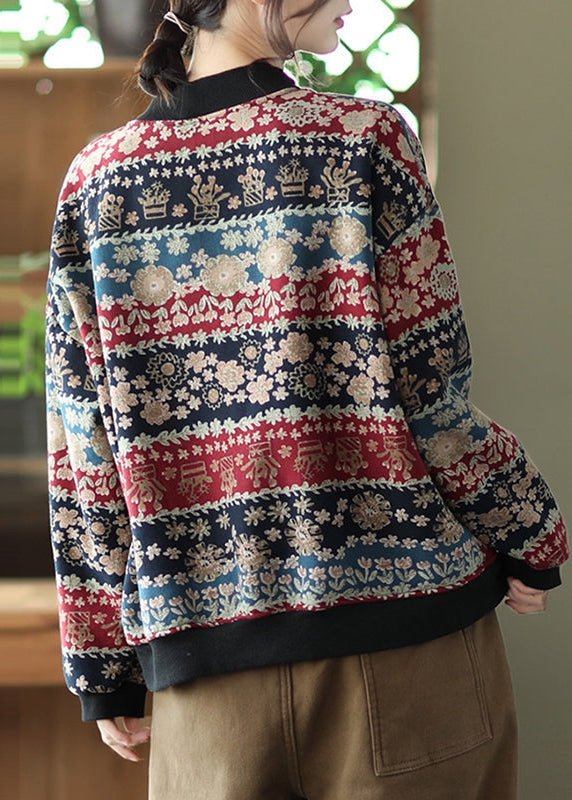 Winter Retro Cotton Printed Floral with Velvet Sweatshirt