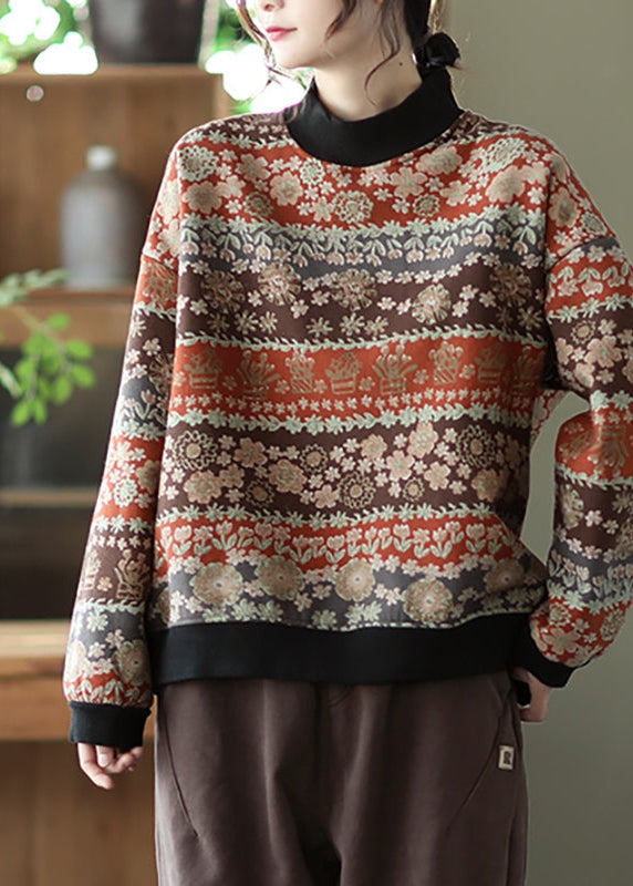 Winter Retro Cotton Printed Floral with Velvet Sweatshirt