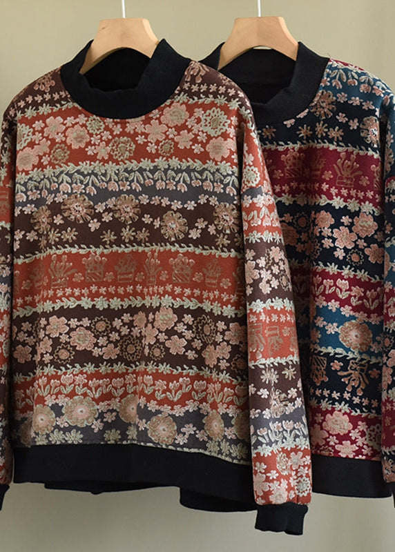 Winter Retro Cotton Printed Floral with Velvet Sweatshirt