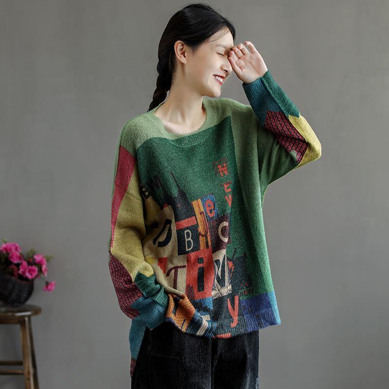 Casual Spring Color Stitching Graphic Knit Top Sweater - Omychic