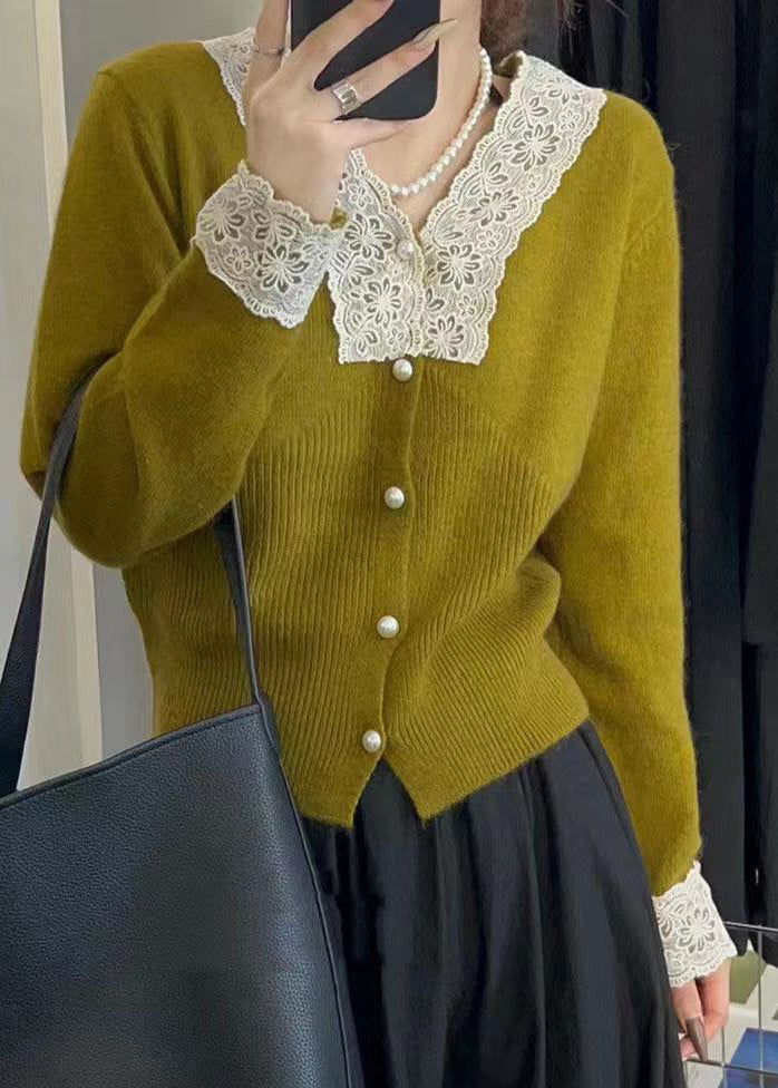 Women Apricot Button Lace Patchwork Cotton Knit Coats Fall