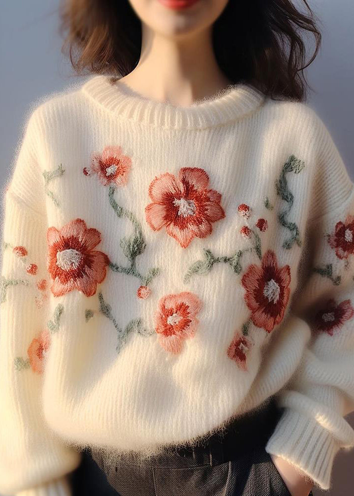 Women Apricot Embroidered Patchwork Cozy Cotton Knit Sweater Winter