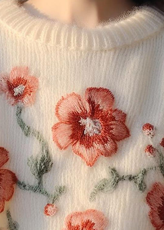 Women Apricot Embroidered Patchwork Cozy Cotton Knit Sweater Winter