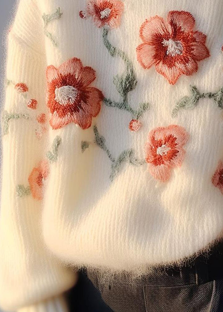 Women Apricot Embroidered Patchwork Cozy Cotton Knit Sweater Winter