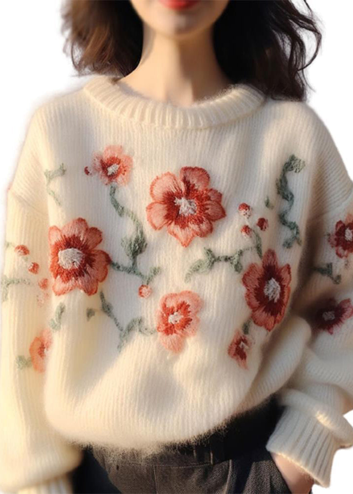 Women Apricot Embroideried Patchwork Cozy Cotton Knit Sweater Winter