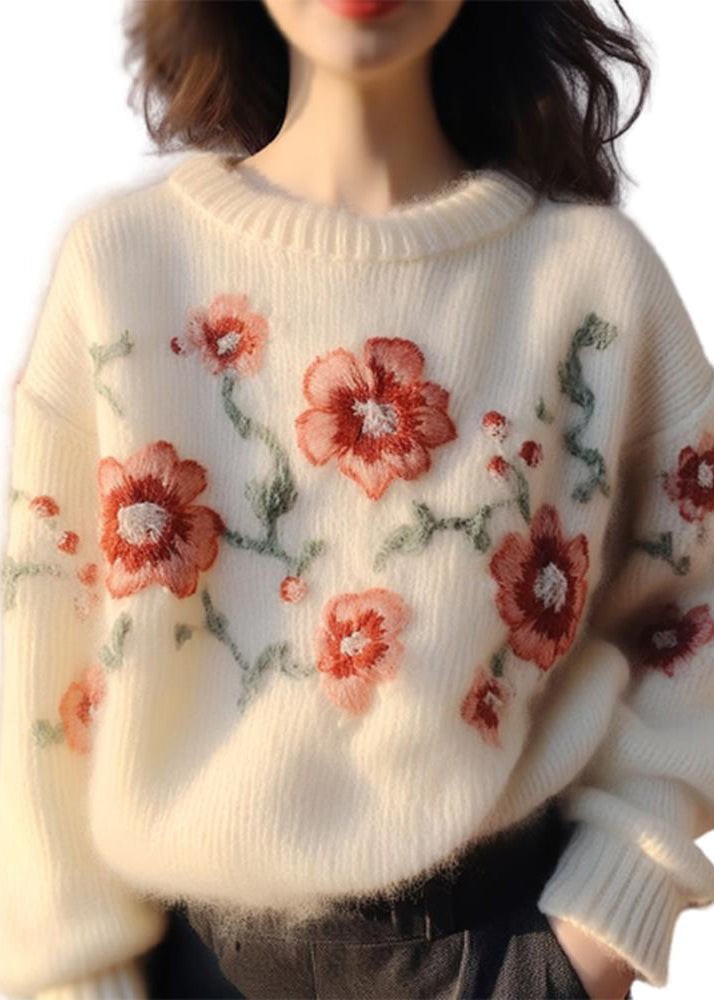 Women Apricot Embroidered Patchwork Cozy Cotton Knit Sweater Winter