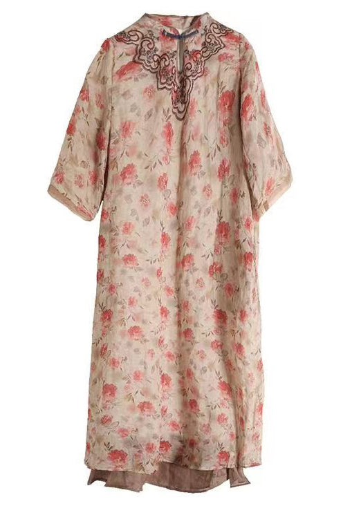 Women Apricot Embroideried Print Patchwork Linen Dresses Half Sleeve