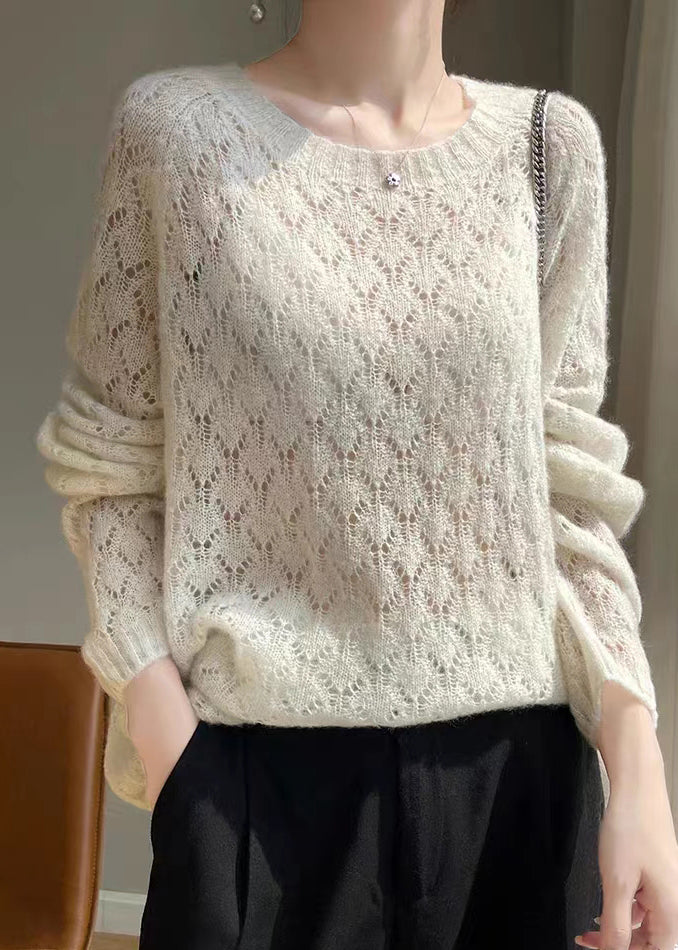 Women Apricot O Neck Hollow Out Patchwork Knit Top Fall