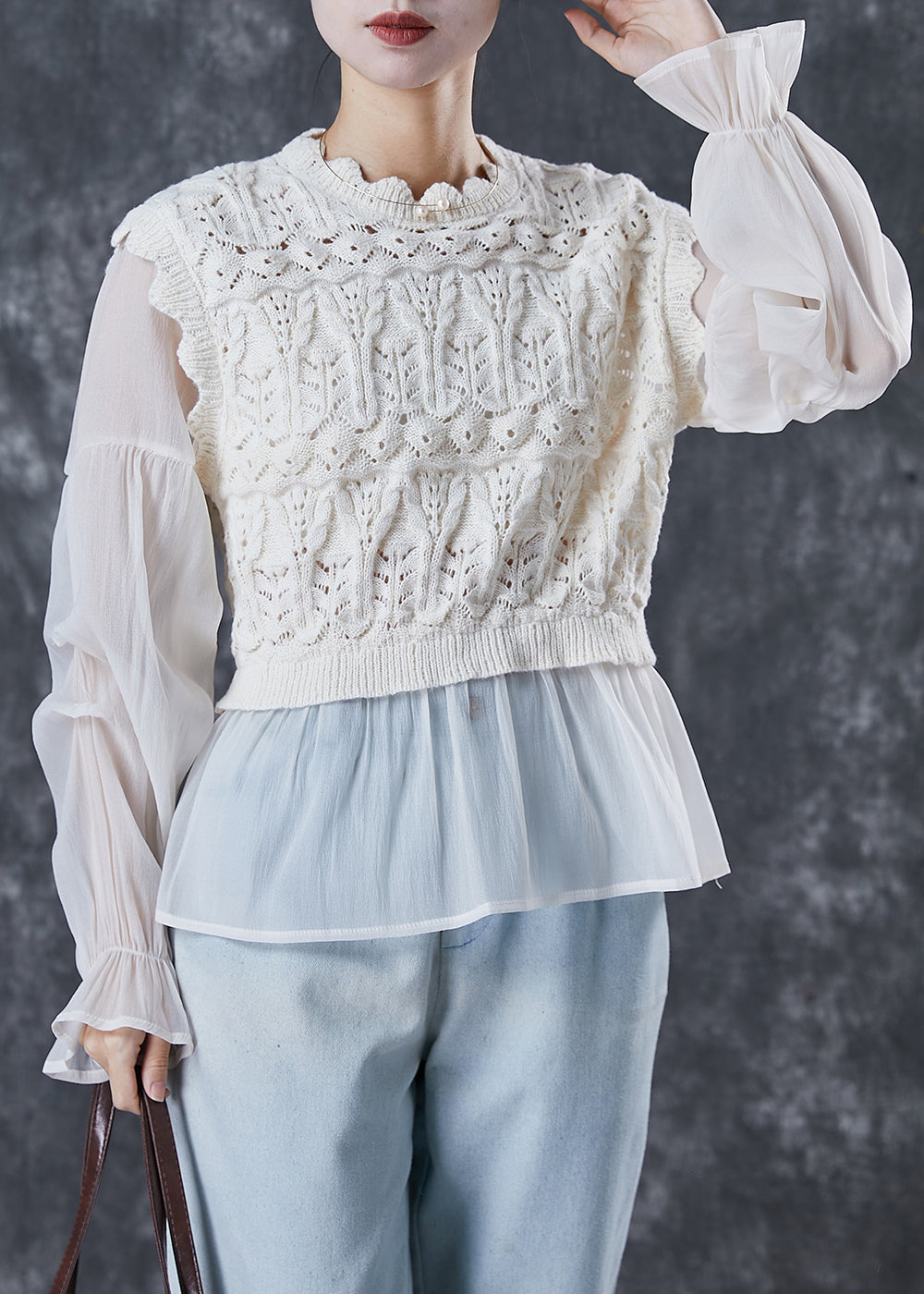 Women Apricot Patchwork Knit Tops Lantern Sleeve