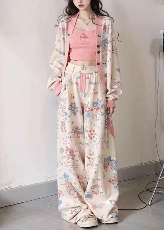 Women Apricot V Neck Print Coats Vest And Wide Leg Pants Three Pieces Set Long Sleeve