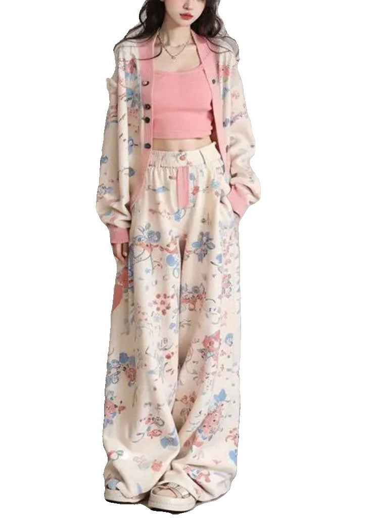 Women Apricot V Neck Print Coats Vest And Wide Leg Pants Three Pieces Set Long Sleeve