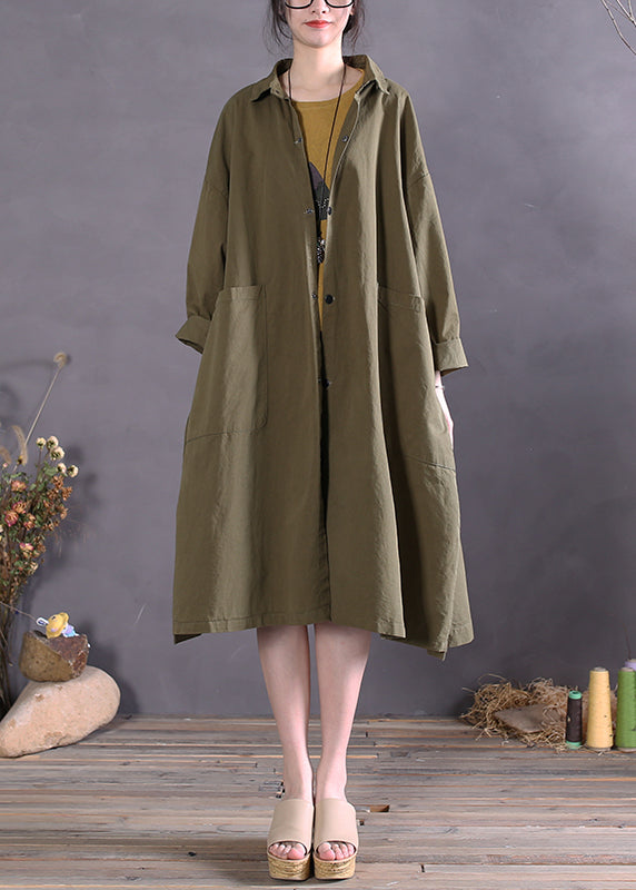 Women Army Green Peter Pan Collar Button Cotton Trench Coats Long Sleeve