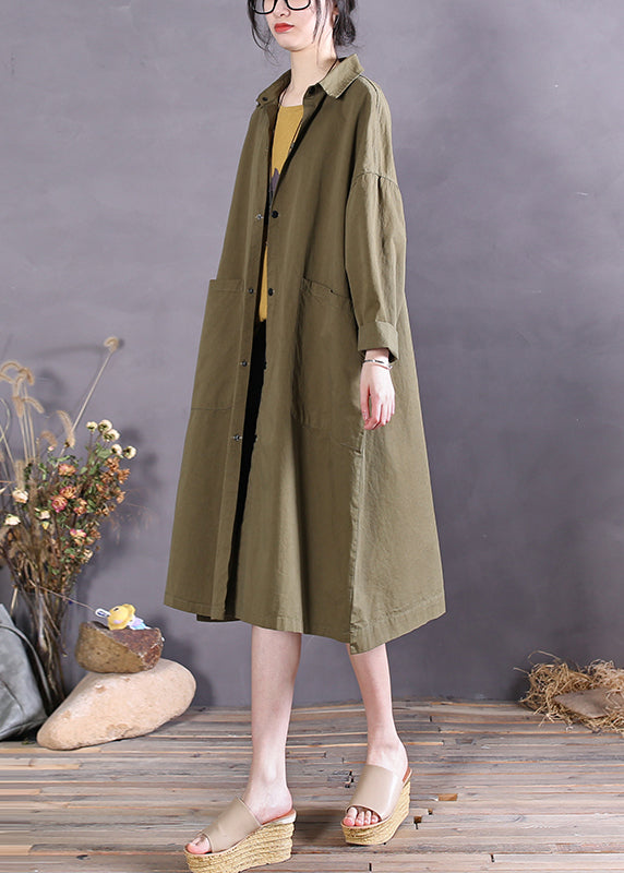 Women Army Green Peter Pan Collar Button Cotton Trench Coats Long Sleeve