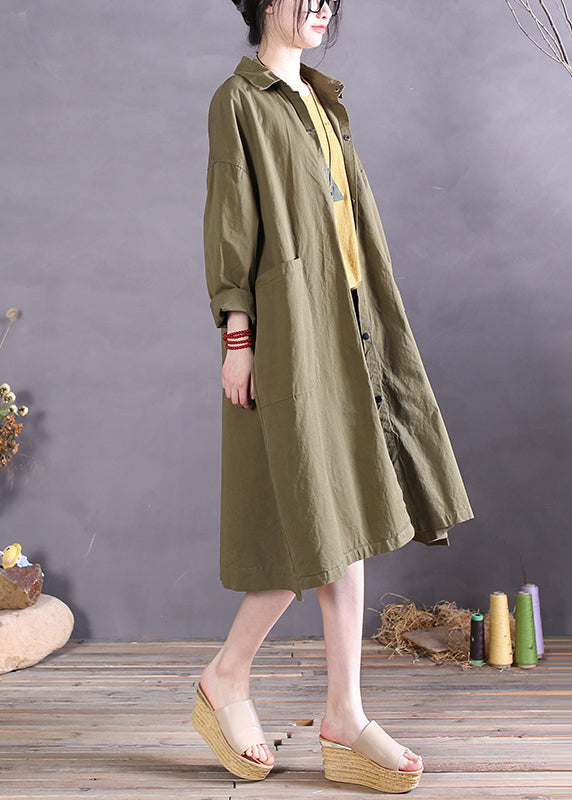 Women Army Green Peter Pan Collar Button Cotton Trench Coats Long Sleeve